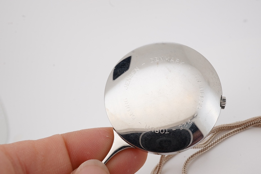 A Danish stainless steel Vivianna Torun for Georg Jensen pendant watch, on a 925S Georg Jensen chain, numbered 958, 78cm. Condition - fair to good